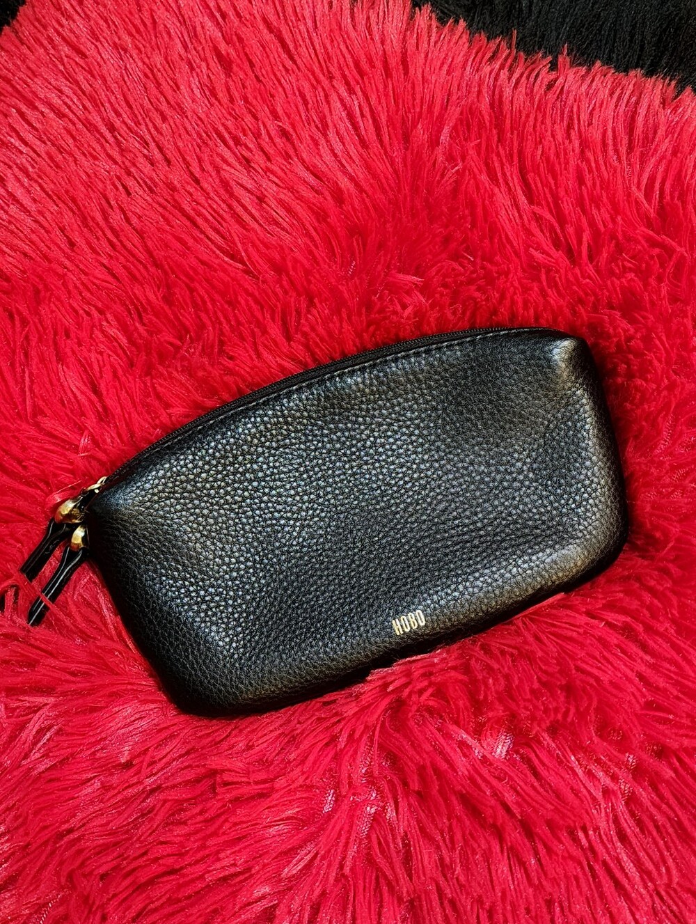 HOBO Unisex Black Pebbled Leather Double-Zip Travel Cosmetic Pouch - Blue Lining